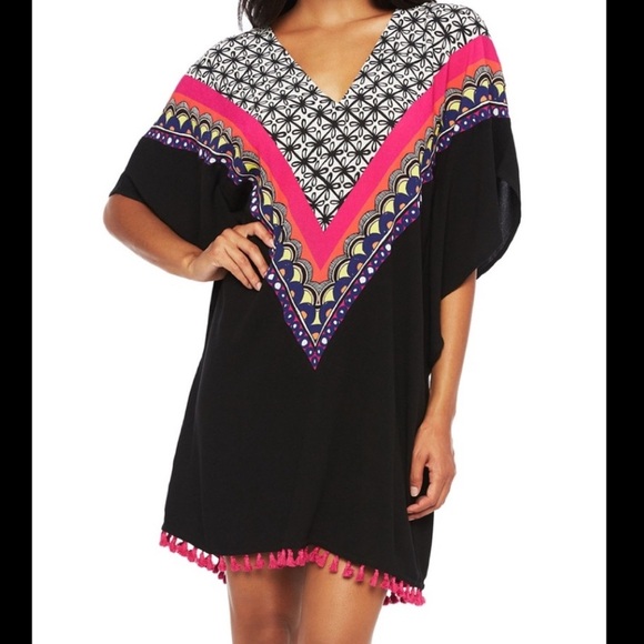 Trina Turk Black and Pink Patterned Swim Coverup - Picture 1 of 12